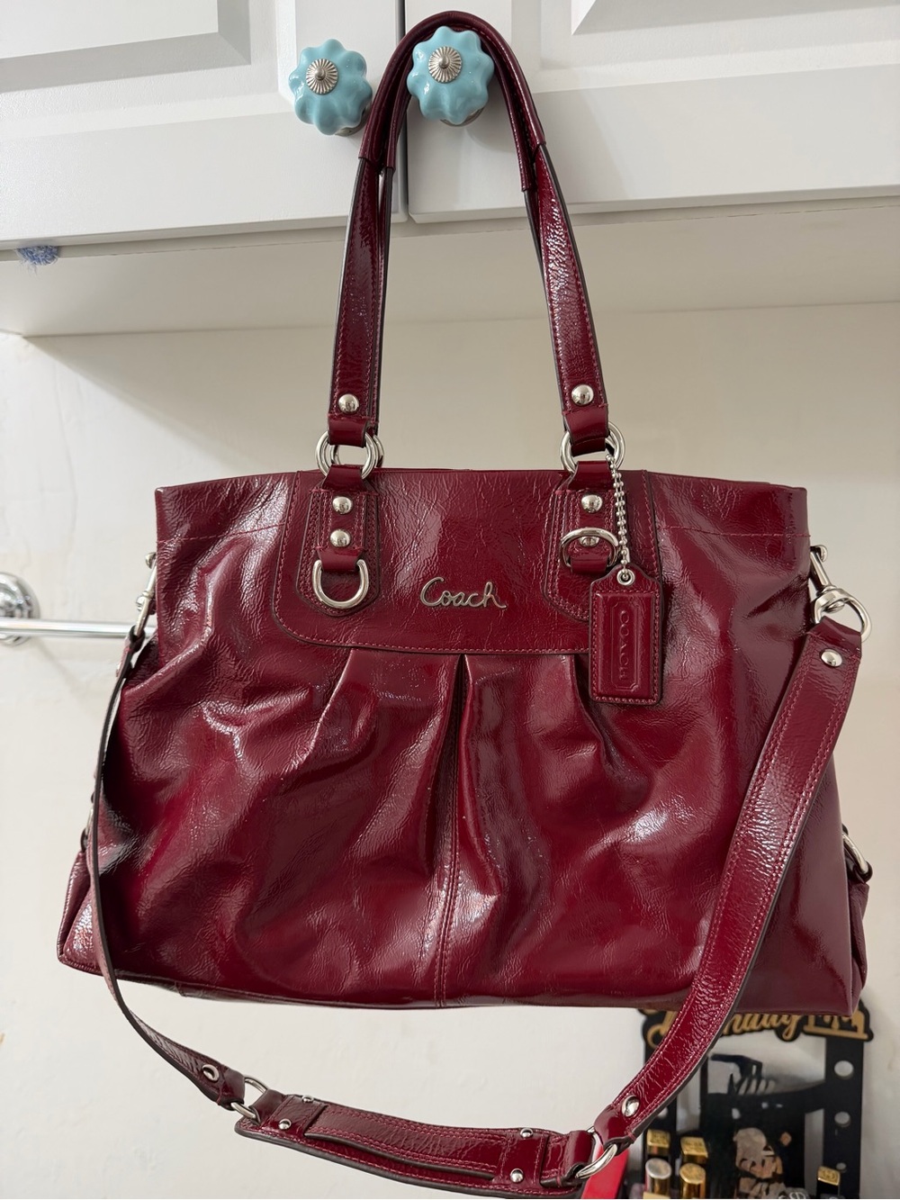 Authentic Coach Cherry Burgundy Leather Shoulder Tote with Detachable Strap